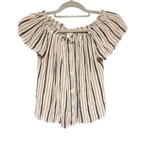 Daily Special Womens Cream Navy Striped Button Down Off Shoulder Blouse Large